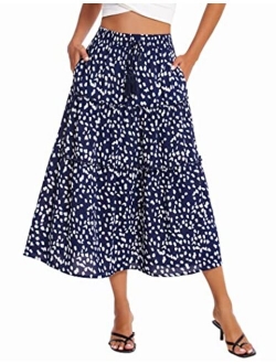 Women's Midi Skirt Elastic Waist Floral Ruffle Swing Tiered Polka Dot Long Skirt Maxi Peasant Skirts with Pockets