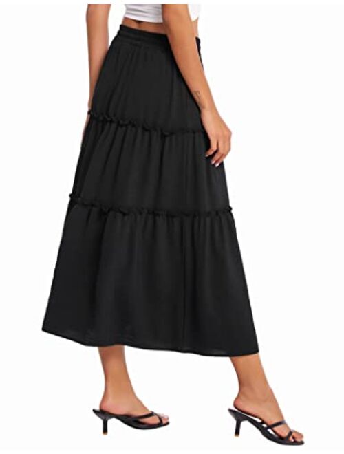 Hotouch Women's Midi Skirt Elastic Waist Floral Ruffle Swing Tiered Polka Dot Long Skirt Maxi Peasant Skirts with Pockets