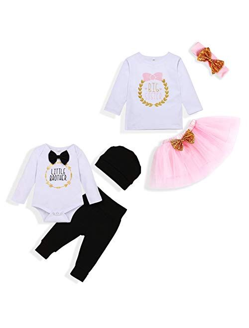 Sinhoon Baby Boy Girl Outfits Big Sister Little Brother Matching Set Bow top Pants Skirt