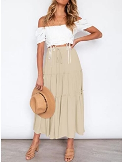 VTSGN Womens High Waisted Midi Maxi Skirt Boho A-Line Ruffle Flowy Long Skirt with Pockets
