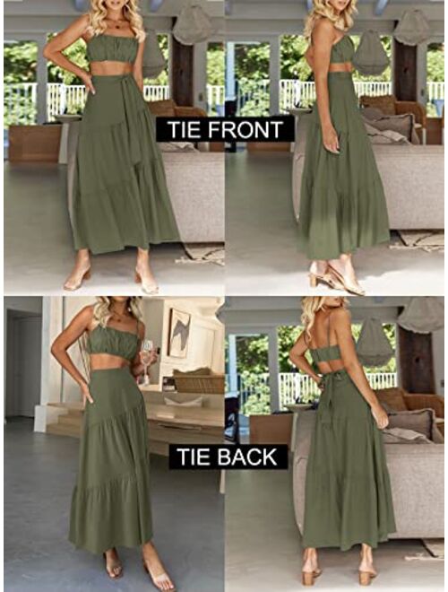 VTSGN Womens Tiered Midi Maxi Skirt Boho Tie Waist A-Line Flowy Long Skirt with Pockets