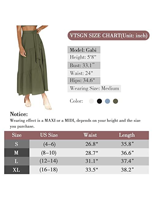 VTSGN Womens Tiered Midi Maxi Skirt Boho Tie Waist A-Line Flowy Long Skirt with Pockets