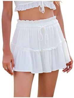 Women's Summer High Waist Ruffle Short Skirt A-Line Beach Mini Skirts with Drawstring