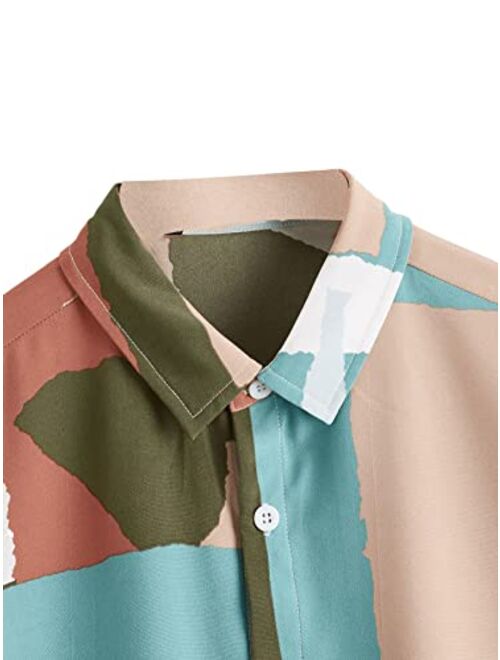 Floerns Boys Casual Patchwork Short Sleeve Button Front Shirt