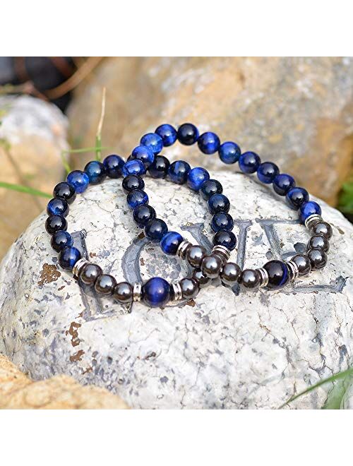Crystal Agate His & Her Couples Gemstone Bracelets – 2 Pack Triple Protection Healing Beaded Bracelet for Men and Women – Matching Relationship Bracelets with Raw Natural
