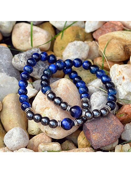 Crystal Agate His & Her Couples Gemstone Bracelets – 2 Pack Triple Protection Healing Beaded Bracelet for Men and Women – Matching Relationship Bracelets with Raw Natural