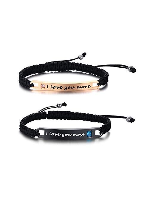 XUANPAI Free Custom Engraving Stainless Steel Matching Couples Rope Nameplate ID Bracelets Set for Him and Her