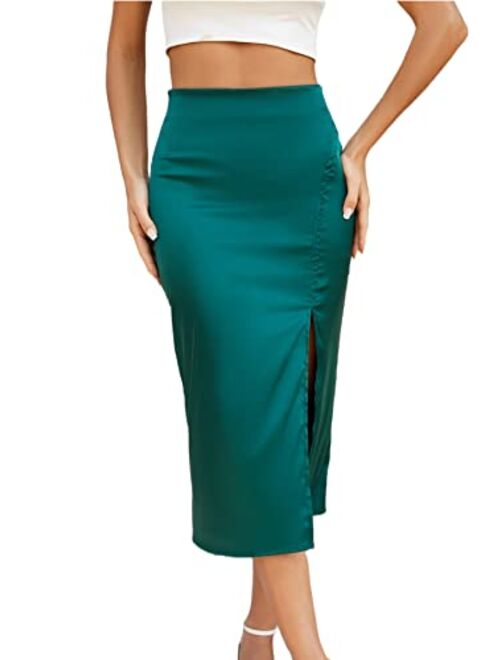 Umenlele Women's Satin Silky High Waist Side Split Thigh Zipper Solid Long Midi Skirt
