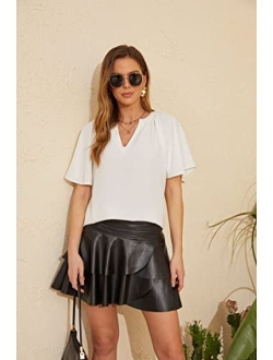 Iiofy Women's Layered Flared Mini Skirt, PU Faux Leather High Waist Solid Ruffle Hem Short Skirt