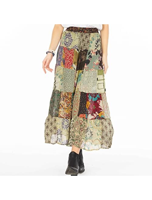 Young Threads Women’s Patchwork Boho Floral Maxi Gypsy Tiered Multicolor Elastic Waist A Line Maxi Skirt S-XL