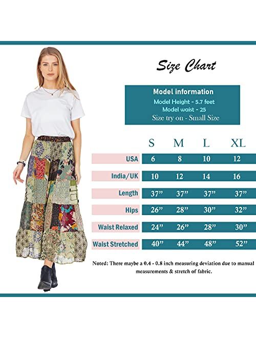 Young Threads Women’s Patchwork Boho Floral Maxi Gypsy Tiered Multicolor Elastic Waist A Line Maxi Skirt S-XL