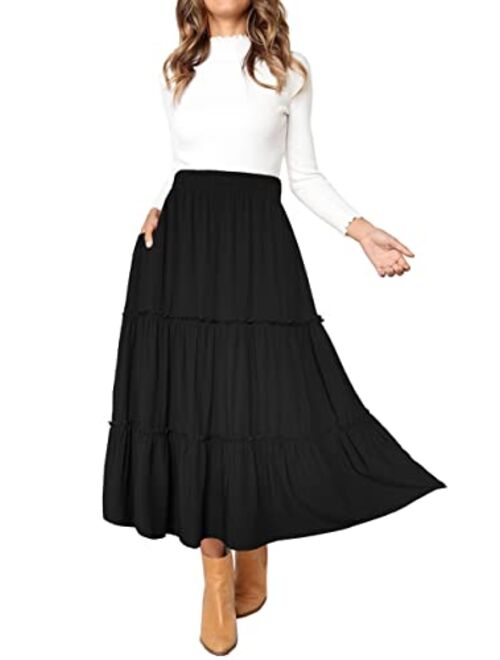 Afibi Womens High Waist A Line Ruffle Swing Long Maxi Skirt with Pockets