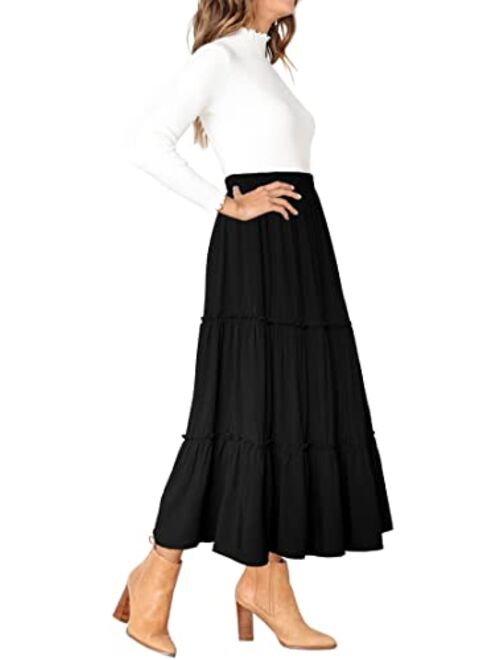 Afibi Womens High Waist A Line Ruffle Swing Long Maxi Skirt with Pockets