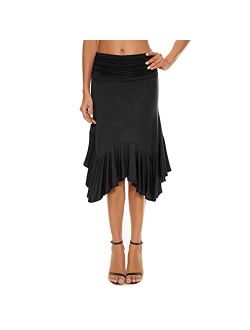 Zando Flowy Flare Soft Midi Handkerchief Hemline Wrap Skirts for Women Womens Casusl Ruched High Waisted Stretchy Maxi Skir