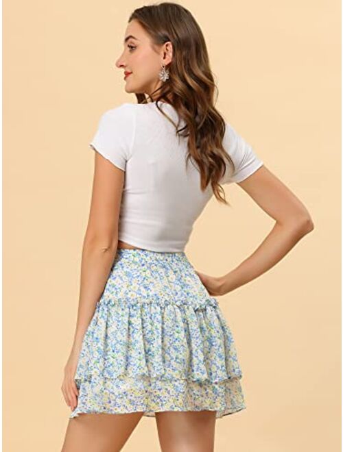 Allegra K Floral Skirt for Women's Tiered Ruffle Cute Summer Mini Skirt