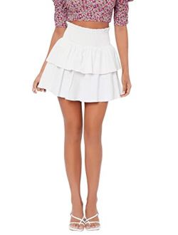 Women's High Elastic Waisted Tiered Ruffle Mini Skirt Shirred Flared Skirts