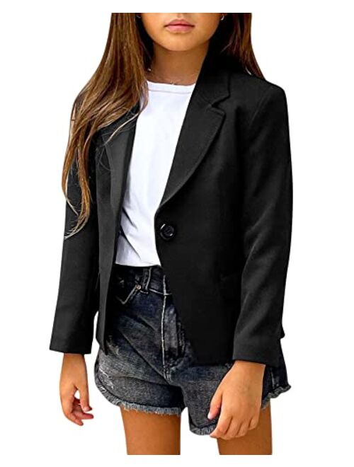 rrhss Girls Solid Color Lapel Suit Coat Button Down Long Seelve Blazer Jacket