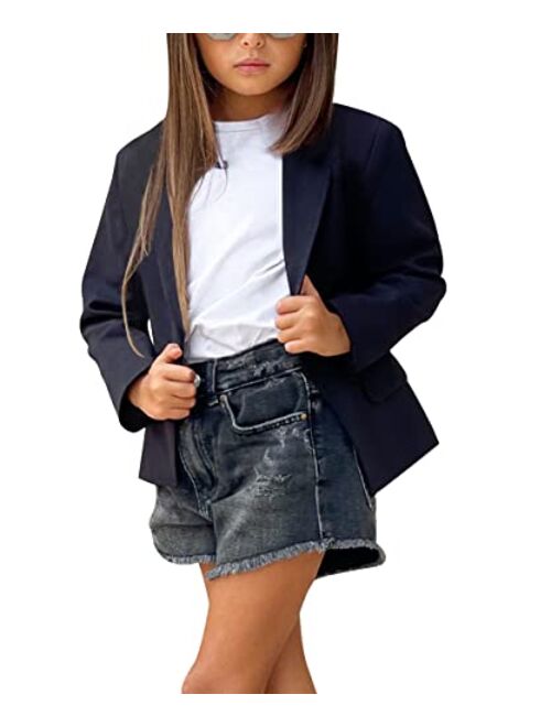 rrhss Girls Solid Color Lapel Suit Coat Button Down Long Seelve Blazer Jacket