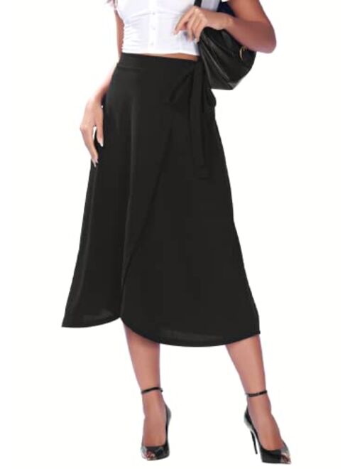 DREFBUFY Womens A-Line Wrap Midi Skirt Elastic High Waist Tie Long Skirts with Slit