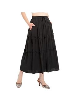 ThCreasa Womens Boho Elastic High Waisted A Line Maxi Skirts Ruffles Tiered Beach Swing Long Skirt with Pockets
