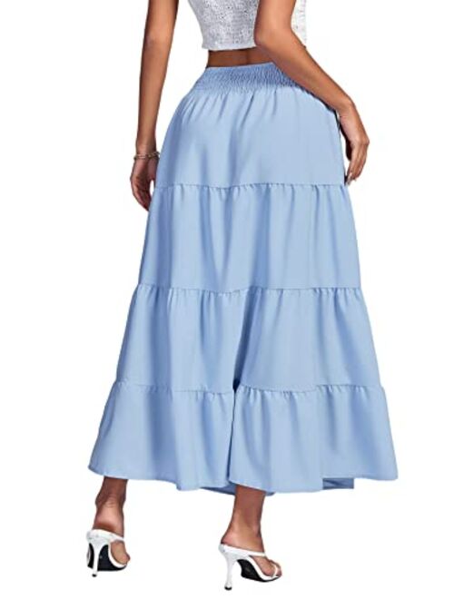 Umenlele Women's Casual Elastic High Waist Flounce Ruffle Layer Pleated Long Maxi Skirt