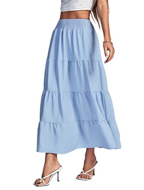Umenlele Women's Casual Elastic High Waist Flounce Ruffle Layer Pleated Long Maxi Skirt