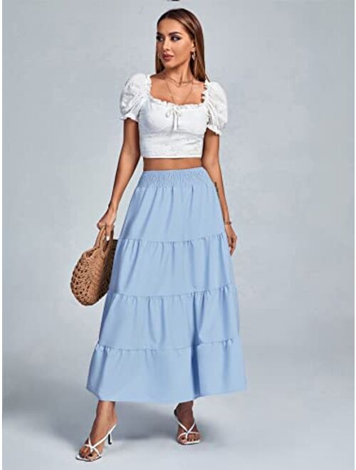 Umenlele Women's Casual Elastic High Waist Flounce Ruffle Layer Pleated Long Maxi Skirt
