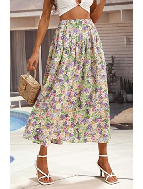 CHARTOU Women's Summer Elastic High Waist Floral Print Pleated Swing Midi Long Boho Skirt