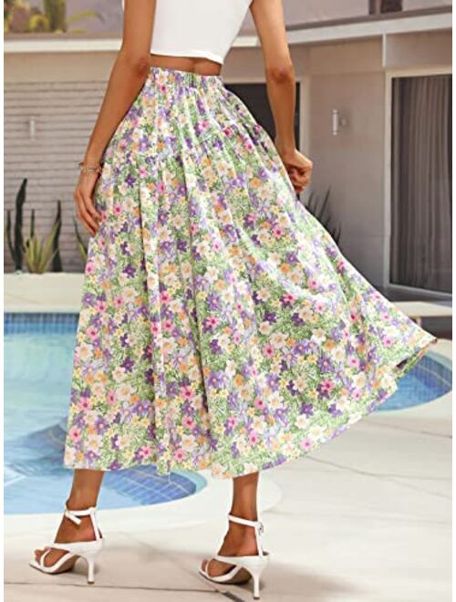 CHARTOU Women's Summer Elastic High Waist Floral Print Pleated Swing Midi Long Boho Skirt