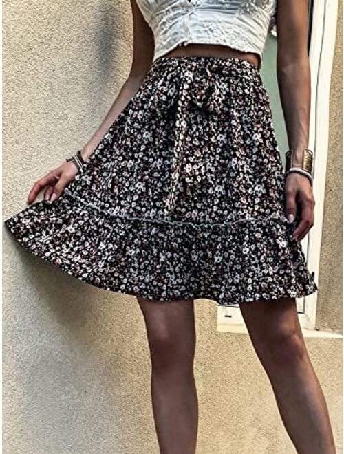 SweatyRocks Women's Floral Print High Waisted Flared Short Skirt Tie Front Ruffle Hem Skirts