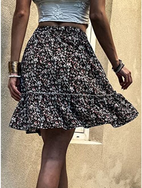 SweatyRocks Women's Floral Print High Waisted Flared Short Skirt Tie Front Ruffle Hem Skirts