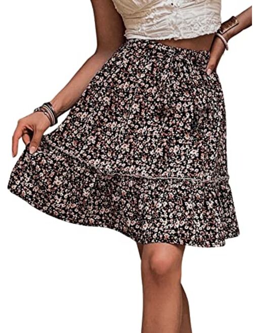 SweatyRocks Women's Floral Print High Waisted Flared Short Skirt Tie Front Ruffle Hem Skirts
