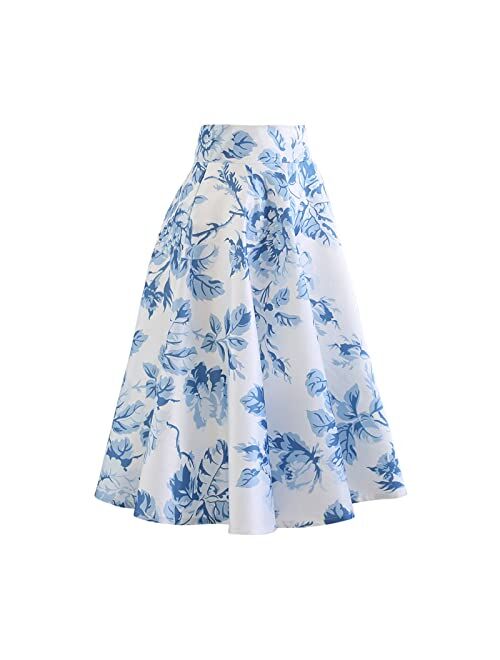 CHICWISH Women's Blue Watercolor Peony Flare Midi Skirt