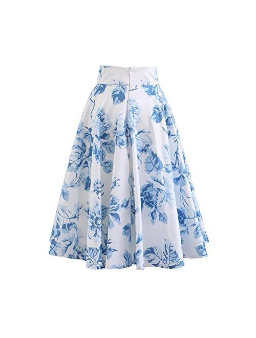 CHICWISH Women's Blue Watercolor Peony Flare Midi Skirt