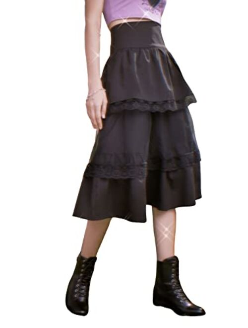 SweatyRocks Women's High Elastic Waisted Lace Trim Midi Skirt Tiered Layer Ruffle Hem A Line Skirts