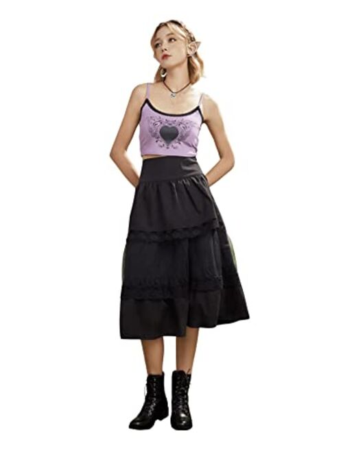 SweatyRocks Women's High Elastic Waisted Lace Trim Midi Skirt Tiered Layer Ruffle Hem A Line Skirts