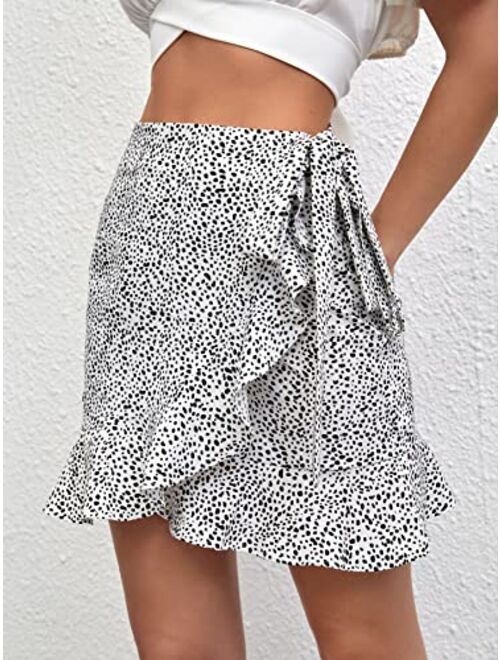 Verdusa Women's Dalmatian Print Knot Side High Waist Ruffle Hem Wrap Mini Skirt