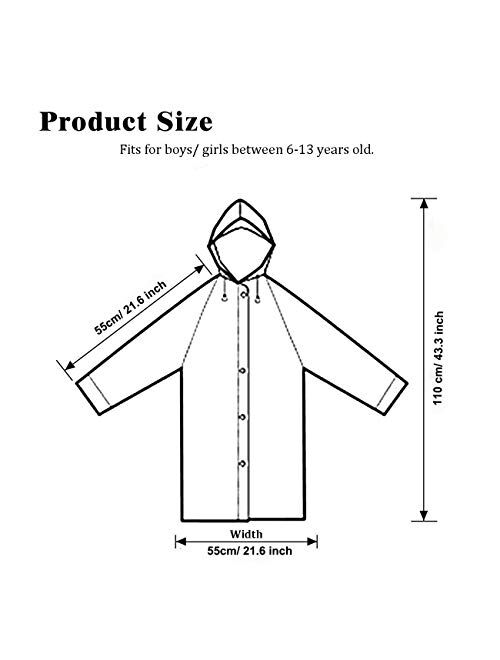 HLKZONE Raincoat for Kids, [2 Pack] EVA Kids Rain Coat Reusable Rain Poncho Jacket for Boys and Girls 6-13 Years Old