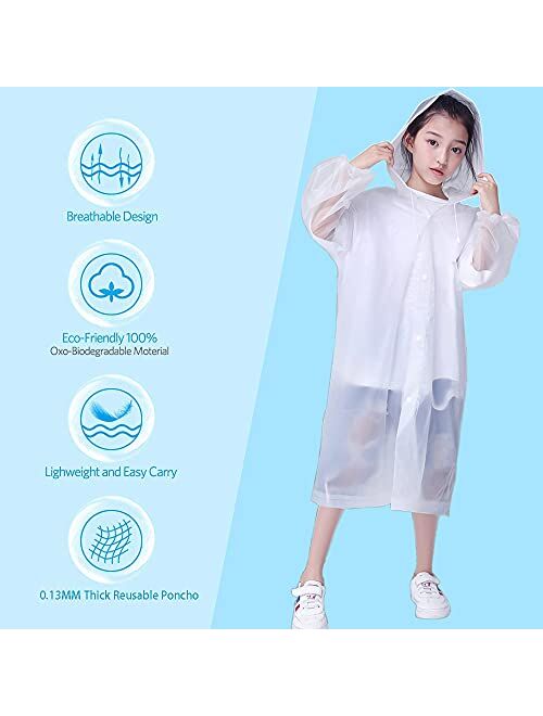 HLKZONE Raincoat for Kids, [2 Pack] EVA Kids Rain Coat Reusable Rain Poncho Jacket for Boys and Girls 6-13 Years Old
