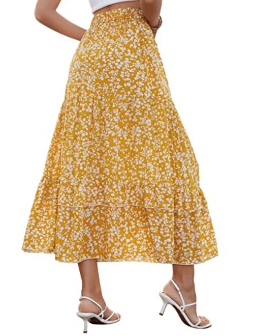 SweatyRocks Women's Casual Elastic High Waist Boho Floral Tie Front Ruffle Maxi Skirt