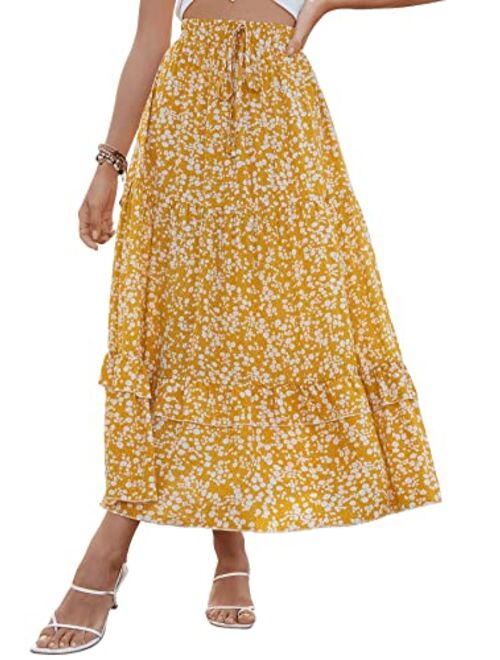 SweatyRocks Women's Casual Elastic High Waist Boho Floral Tie Front Ruffle Maxi Skirt