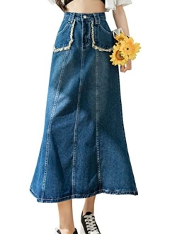 CHARTOU Women's Retro High Waist Long Denim A Line Maxi Skirt with Pockets