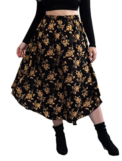 WDIRARA Women's Plus Size Floral Print Elastic Waisted Swing A Line Midi Skirt