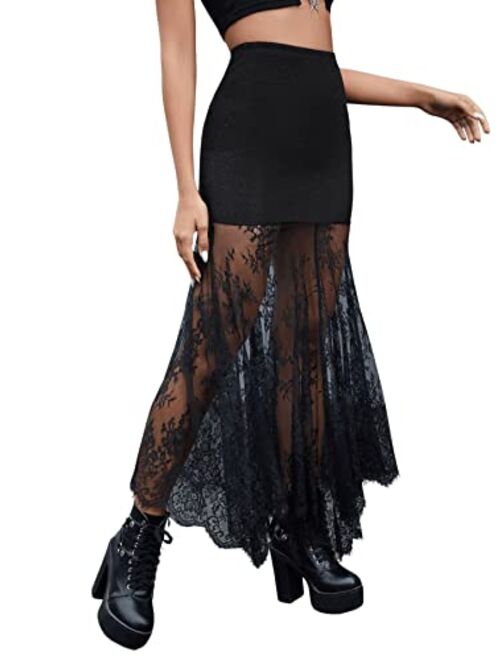 SweatyRocks Women's High Waisted Floral Lace Sheer Mesh Mermaid Maxi Skirt