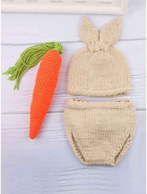 Shein Newborn Unisex Pom Pom Back Knitted Shorts & Hat & Carrot Toy Photography Prop Set