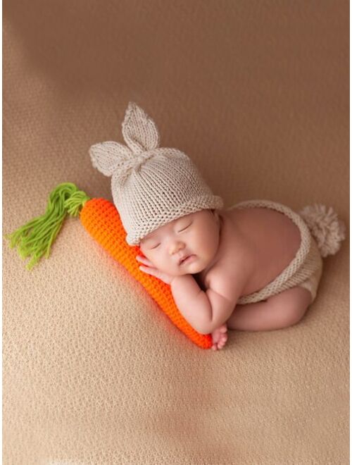 Shein Newborn Unisex Pom Pom Back Knitted Shorts & Hat & Carrot Toy Photography Prop Set