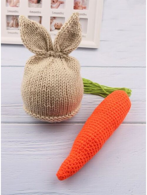 Shein Newborn Unisex Pom Pom Back Knitted Shorts & Hat & Carrot Toy Photography Prop Set