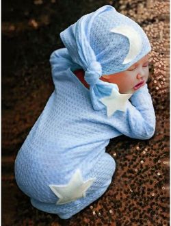 Newborn Star And Moon Patched Jumpsuit With Hat Photography Prop