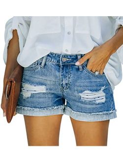 SANMM Women Denim-Shorts Summer-Ripped-Jean Mid-Waisted - Casual Stretchy Folded Hem Hot Short Jeans