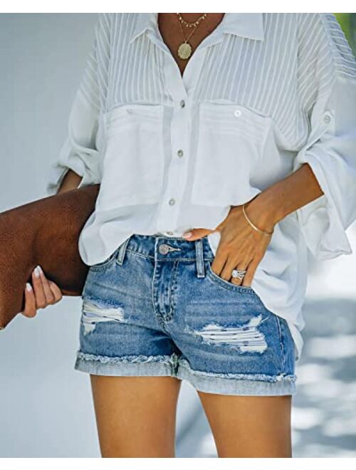 SANMM Women Denim-Shorts Summer-Ripped-Jean Mid-Waisted - Casual Stretchy Folded Hem Hot Short Jeans